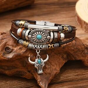 NWT Western Bull Skull Bracelet Multi Strand Vegan Leather Faux Turquoise